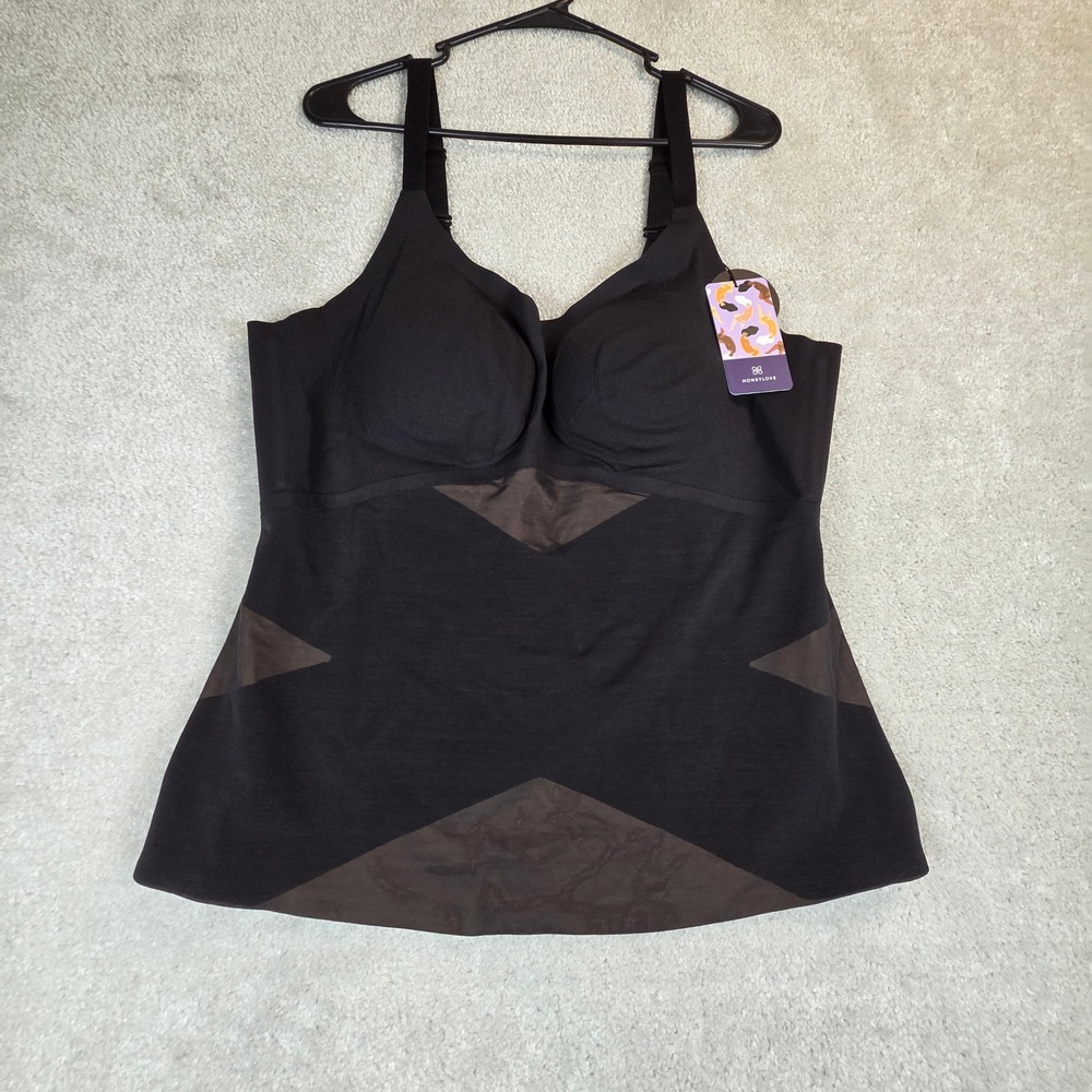 Honeylove Cami Bodysuit Black Shapewear Mesh Panels 2X NEW